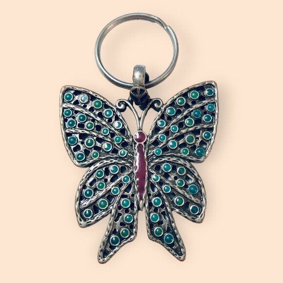 Butterfly Keychain Keyring With Green & Purple Enamel Accents - Picture 2 of 3